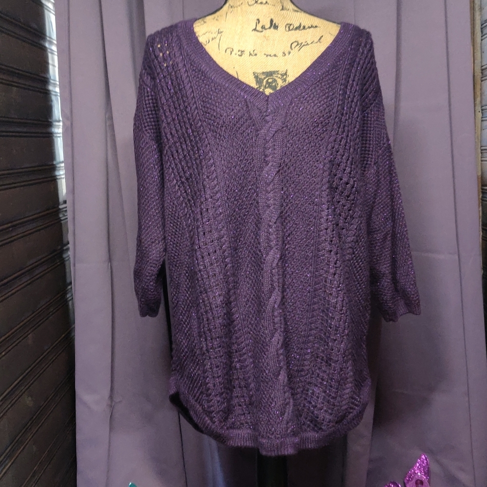 Purple lurex pointelle tunic sweater